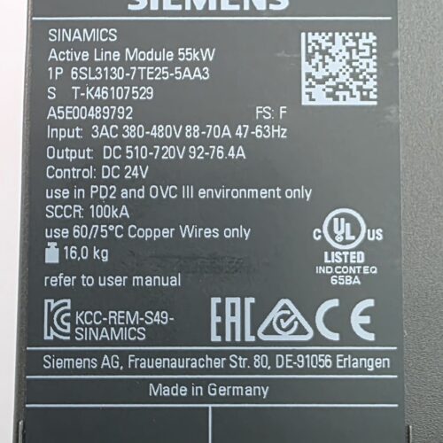 Active Line Module Siemens SINAMICS S120 55 kW   Typ: 6SL3130-7TE25-5AA3